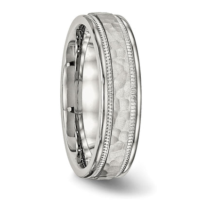 Stainless Steel Polished and Hammered 6mm Grooved Band Ring