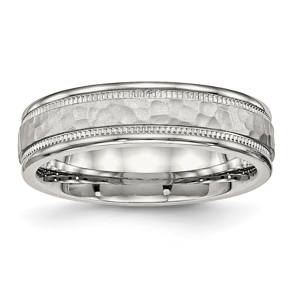 Stainless Steel Polished and Hammered 6mm Grooved Band Ring