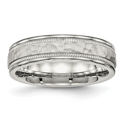 Stainless Steel Polished and Hammered 6mm Grooved Band Ring