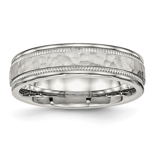 Stainless Steel Polished and Hammered 6mm Grooved Band Ring