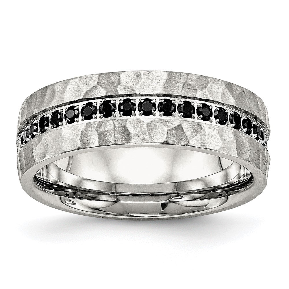 Stainless Steel Brushed and Hammered with Black CZ 7.5mm Band Ring