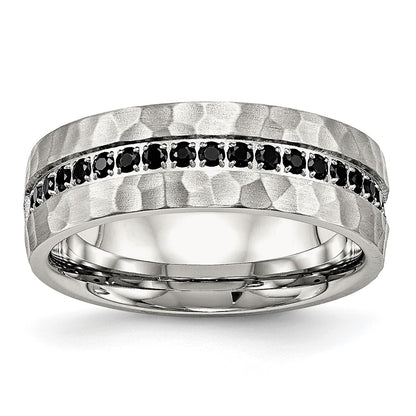 Stainless Steel Brushed and Hammered with Black CZ 7.5mm Band Ring