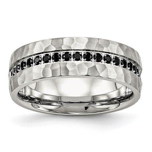 Stainless Steel Brushed and Hammered with Black CZ 7.5mm Band Ring