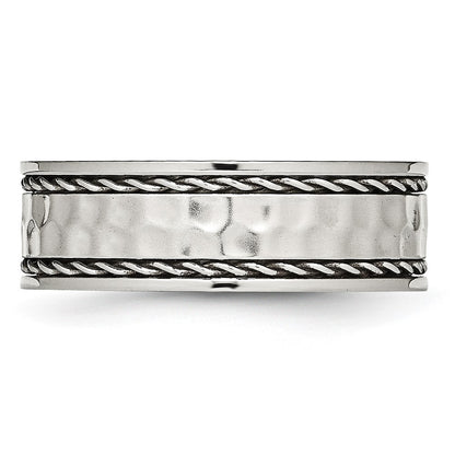 Stainless Steel Polished and Hammered 8mm Comfort Fit Band Ring