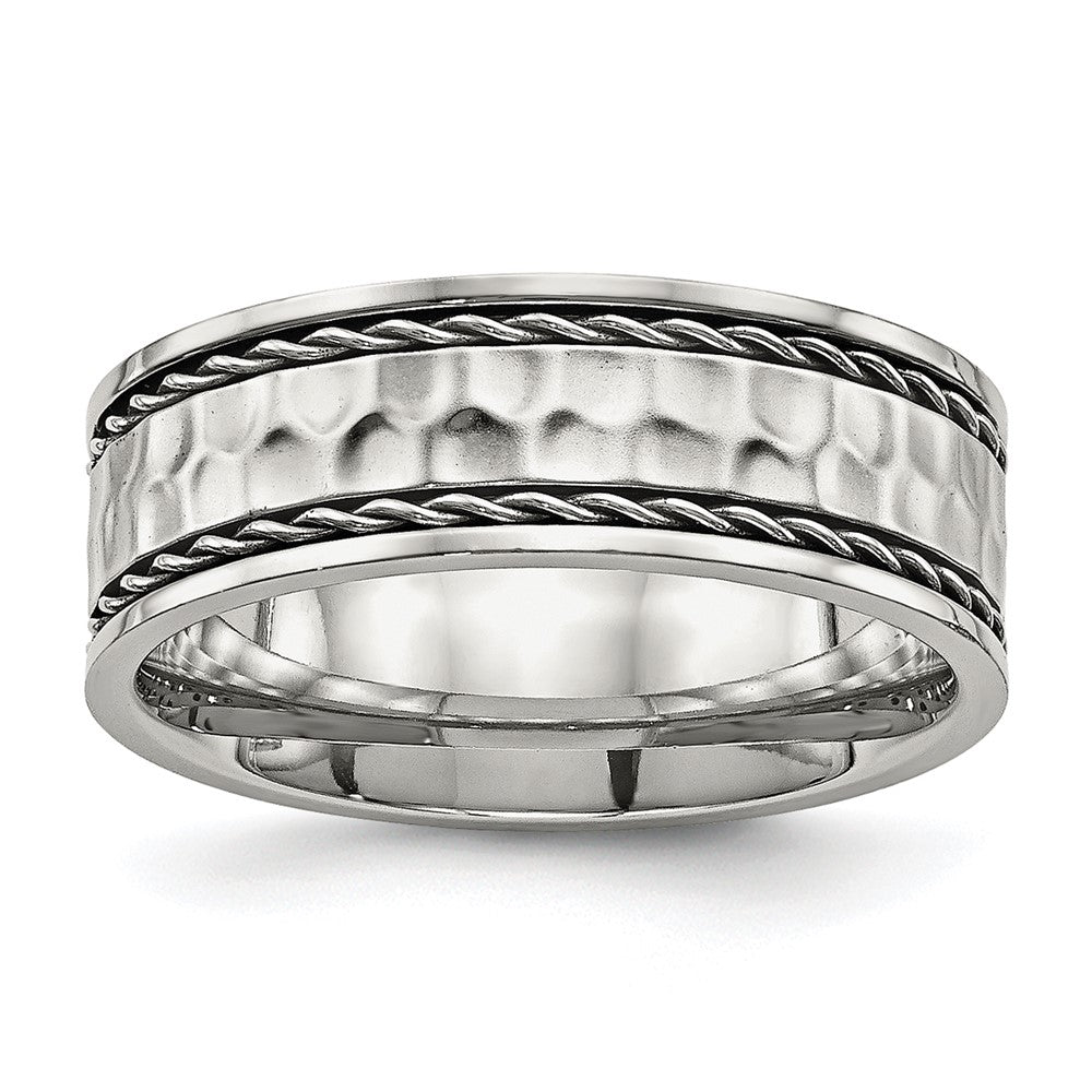 Stainless Steel Polished and Hammered 8mm Comfort Fit Band Ring