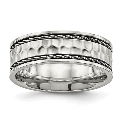 Stainless Steel Polished and Hammered 8mm Comfort Fit Band Ring