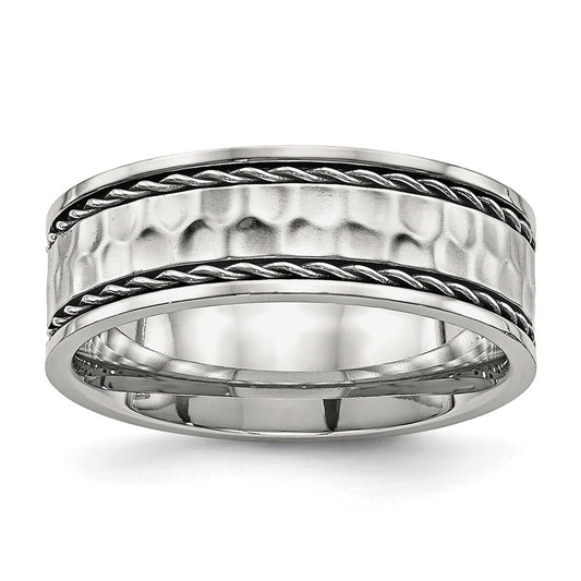 Stainless Steel Polished and Hammered 8mm Comfort Fit Band Ring