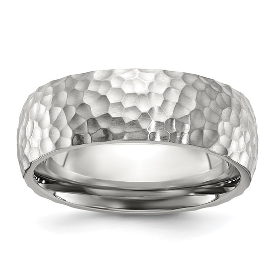 Stainless Steel Brushed and Polished Hammered 7.5mm Band Ring