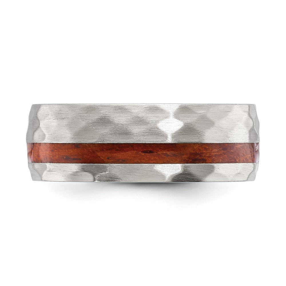 Stainless Steel Brushed and Hammered with Wood Inlay 8mm Band Ring