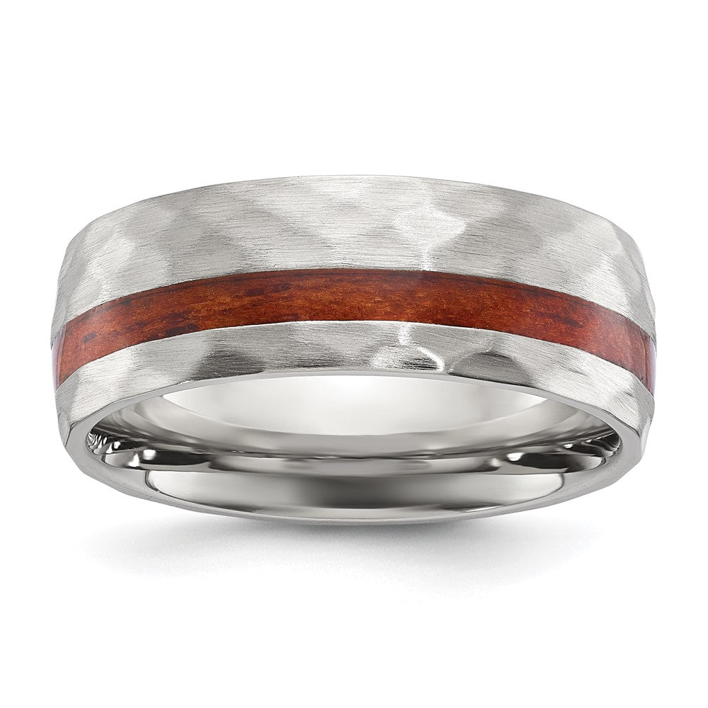Stainless Steel Brushed and Hammered with Wood Inlay 8mm Band Ring