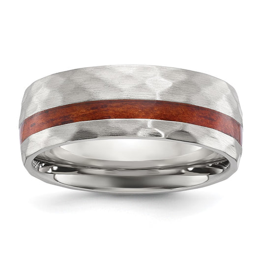 Stainless Steel Brushed and Hammered with Wood Inlay 8mm Band Ring