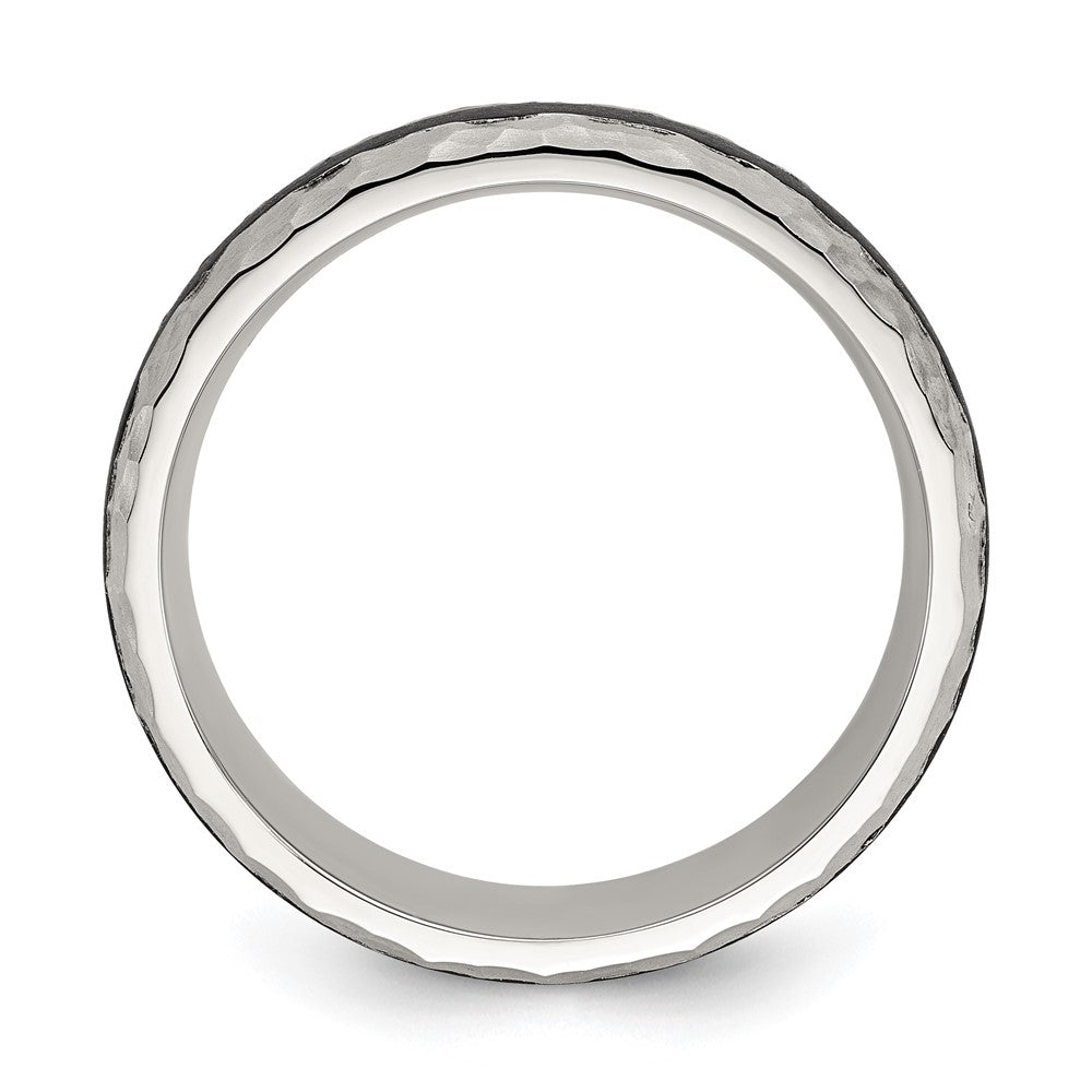 Stainless Steel Brushed and Hammered Black Carbon Fiber Inlay 7mm Band Ring