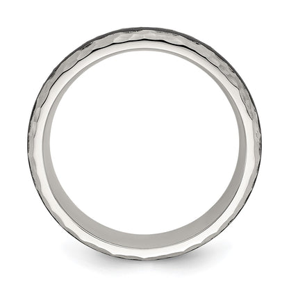 Stainless Steel Brushed and Hammered Black Carbon Fiber Inlay 7mm Band Ring