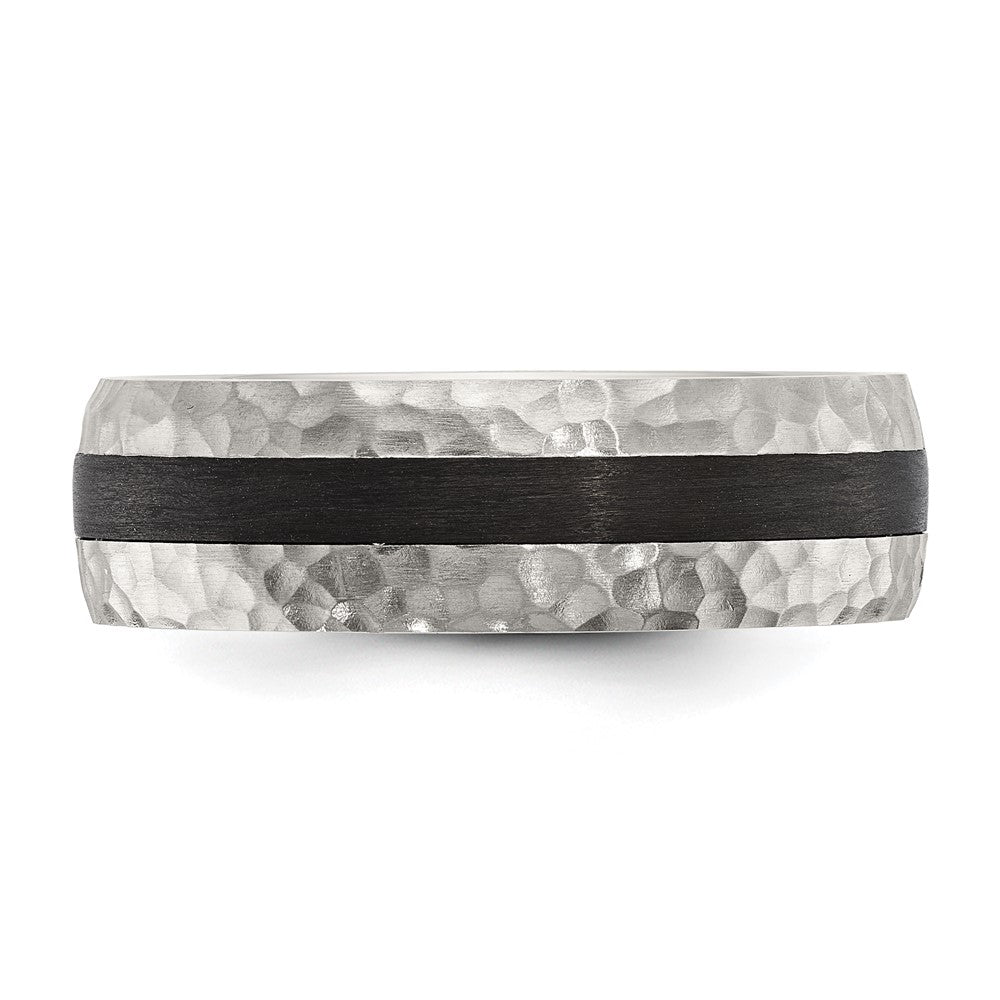 Stainless Steel Brushed and Hammered Black Carbon Fiber Inlay 7mm Band Ring