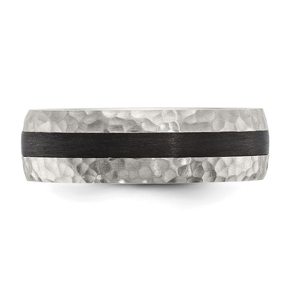 Stainless Steel Brushed and Hammered Black Carbon Fiber Inlay 7mm Band Ring