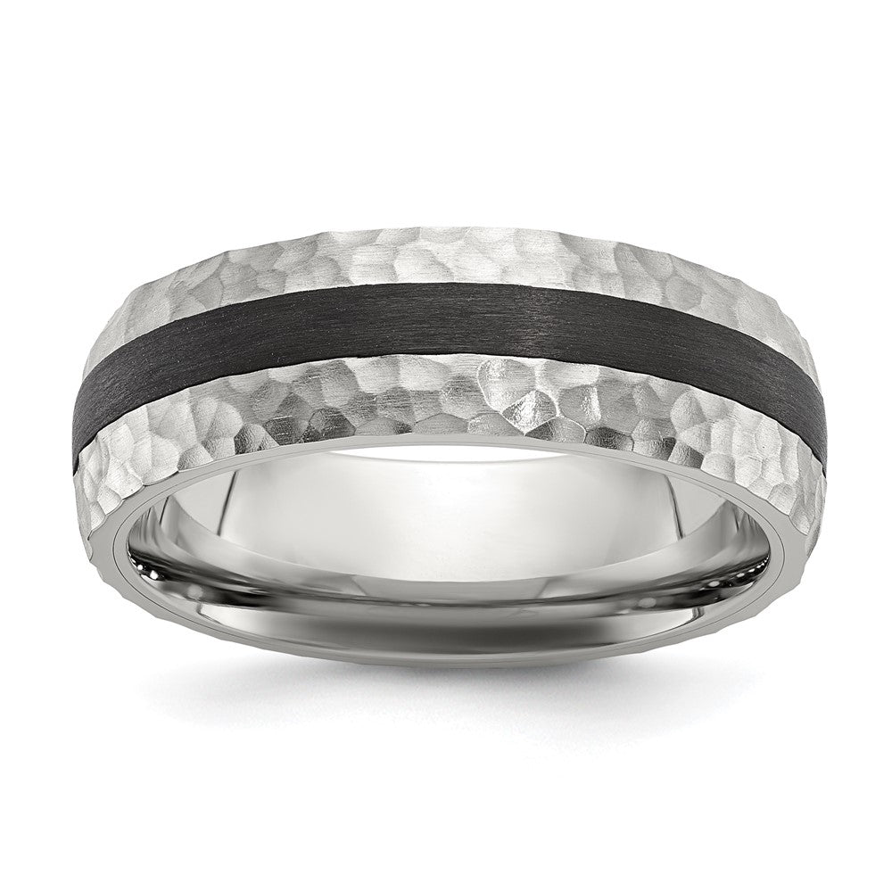 Stainless Steel Brushed and Hammered Black Carbon Fiber Inlay 7mm Band Ring