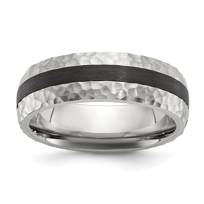 Stainless Steel Brushed and Hammered Black Carbon Fiber Inlay 7mm Band Ring