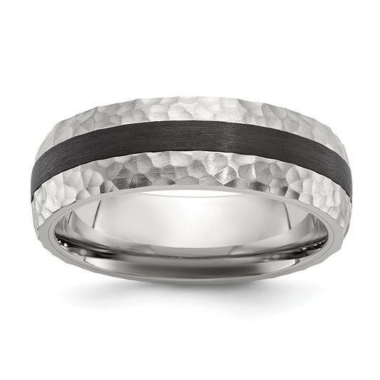 Stainless Steel Brushed and Hammered Black Carbon Fiber Inlay 7mm Band Ring