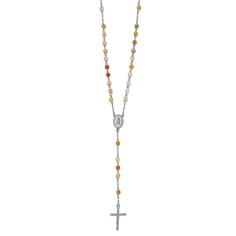 Stainless Steel Polished with Agate Beads Rosary Necklace 31"