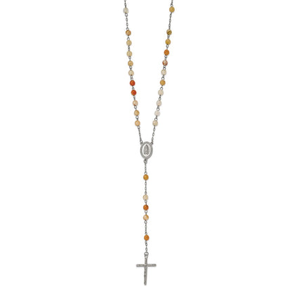 Stainless Steel Polished with Agate Beads Rosary Necklace 31"