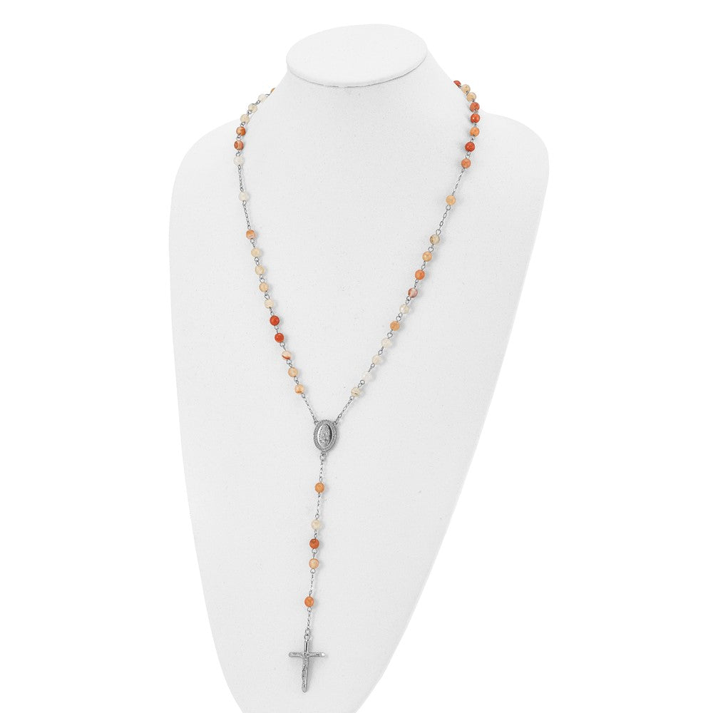 Stainless Steel Polished with Agate Beads Rosary Necklace 31"
