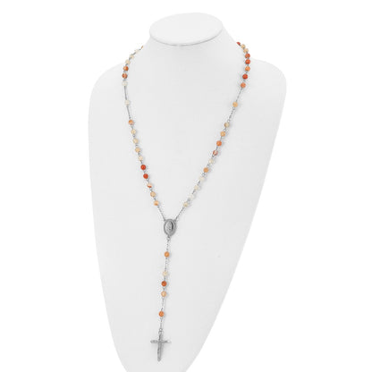 Stainless Steel Polished with Agate Beads Rosary Necklace 31"