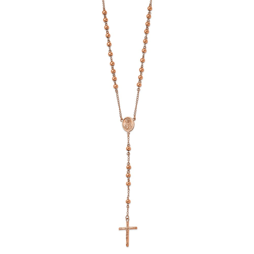 Stainless Steel Polished Rose IP-plated Rosary Necklace 30"