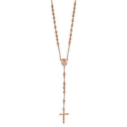 Stainless Steel Polished Rose IP-plated Rosary Necklace 30"