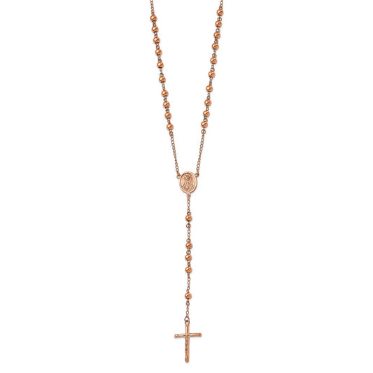 Stainless Steel Polished Rose IP-plated Rosary Necklace 30"