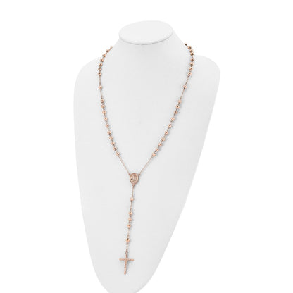 Stainless Steel Polished Rose IP-plated Rosary Necklace 30"