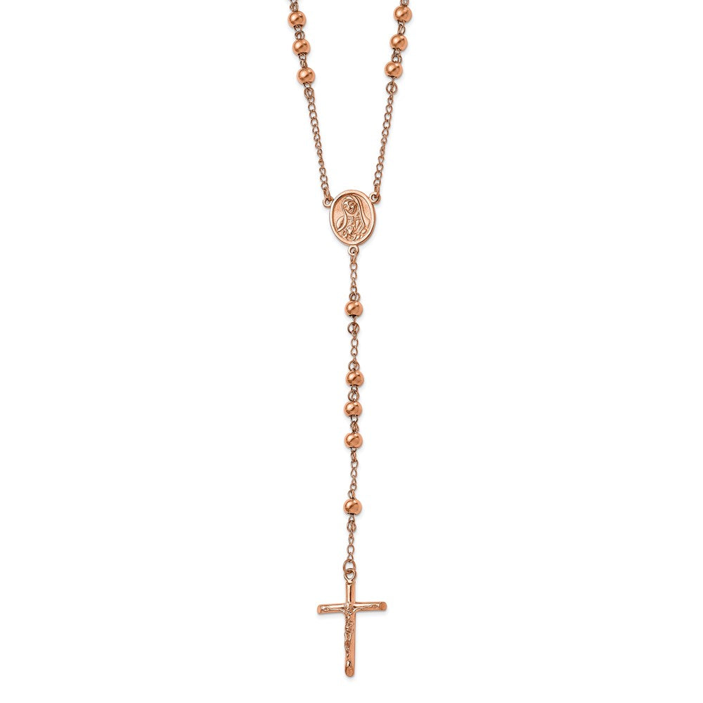 Stainless Steel Polished Rose IP-plated Rosary Necklace 30"