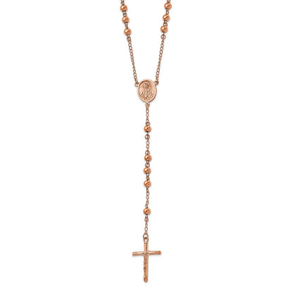 Stainless Steel Polished Rose IP-plated Rosary Necklace 30"