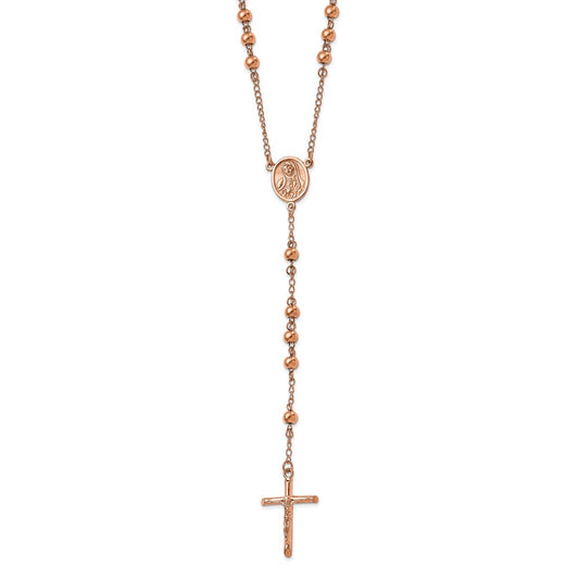 Stainless Steel Polished Rose IP-plated Rosary Necklace 30"