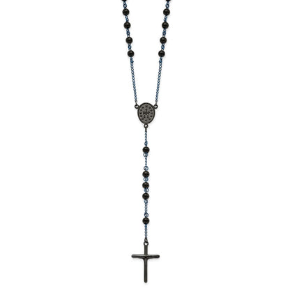 Stainless Steel Polished Black and Blue IP-plated Rosary Necklace 30"
