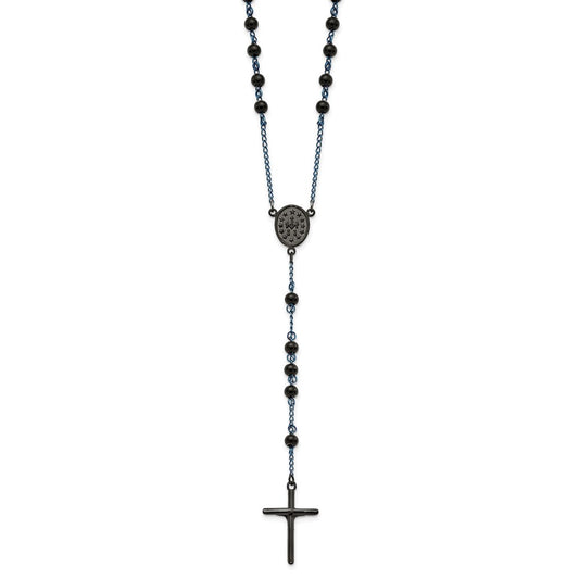 Stainless Steel Polished Black and Blue IP-plated Rosary Necklace 30"