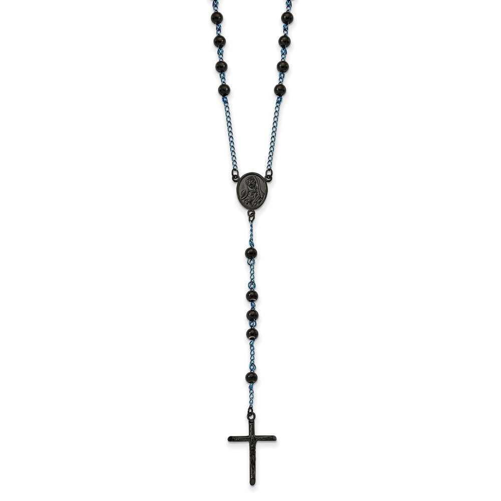 Stainless Steel Polished Black and Blue IP-plated Rosary Necklace 30"