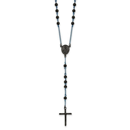 Stainless Steel Polished Black and Blue IP-plated Rosary Necklace 30"