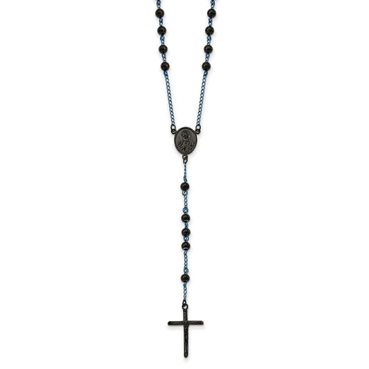 Stainless Steel Polished Black and Blue IP-plated Rosary Necklace 30"