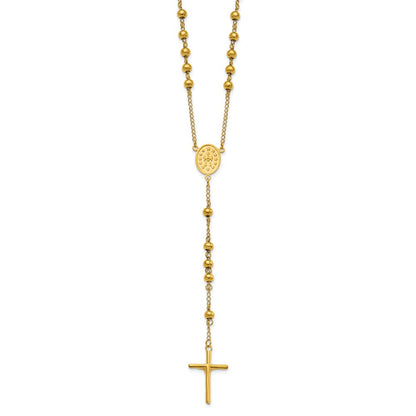Stainless Steel Polished Yellow IP-plated Beaded Rosary Necklace 30"
