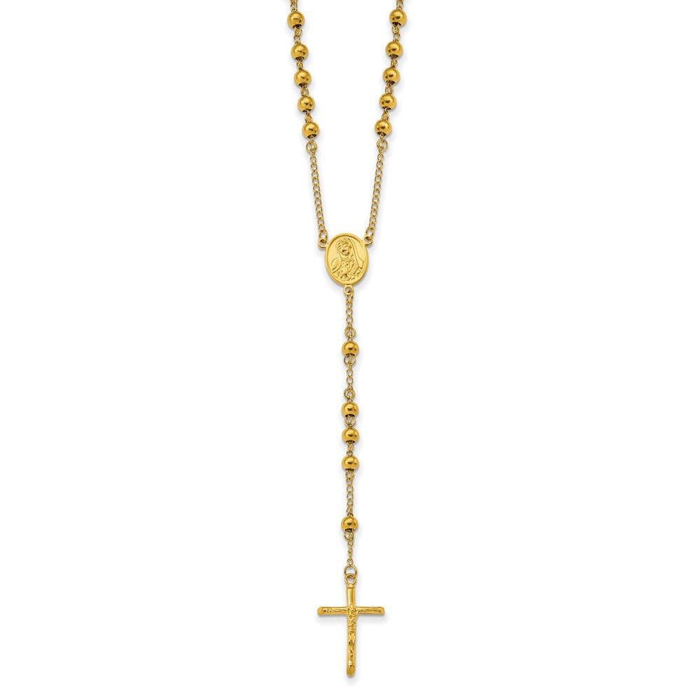 Stainless Steel Polished Yellow IP-plated Beaded Rosary Necklace 30"