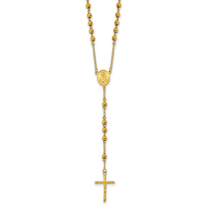 Stainless Steel Polished Yellow IP-plated Beaded Rosary Necklace 30"
