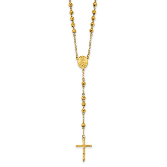 Stainless Steel Polished Yellow IP-plated Beaded Rosary Necklace 30"