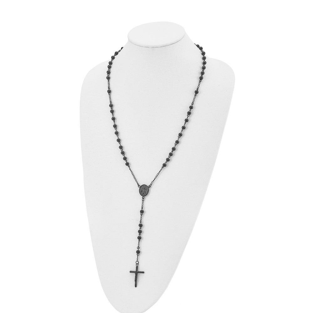 Stainless Steel Polished Black IP-plated Beaded Rosary Necklace 30"