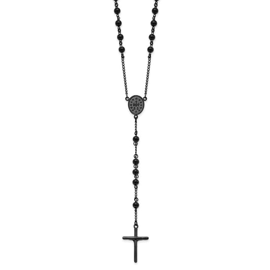 Stainless Steel Polished Black IP-plated Beaded Rosary Necklace 30"