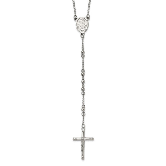 Stainless Steel Polished 4mm Beaded Rosary Necklace 25"