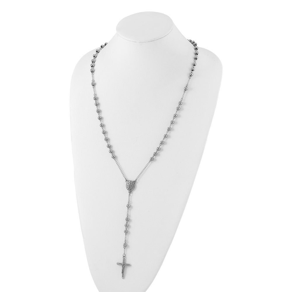 Stainless Steel Polished 6mm Beaded Rosary Necklace 29.5"