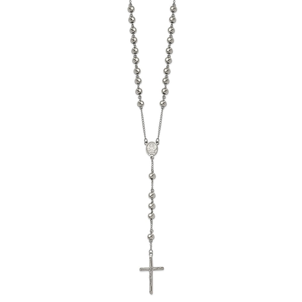 Stainless Steel Polished 8mm Beaded Rosary Necklace 32.5"