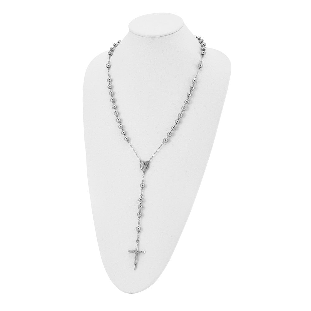 Stainless Steel Polished 8mm Beaded Rosary Necklace 32.5"