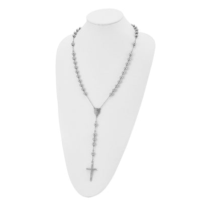 Stainless Steel Polished 8mm Beaded Rosary Necklace 32.5"