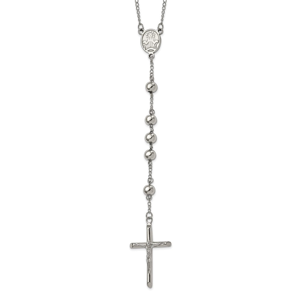 Stainless Steel Polished 8mm Beaded Rosary Necklace 32.5"